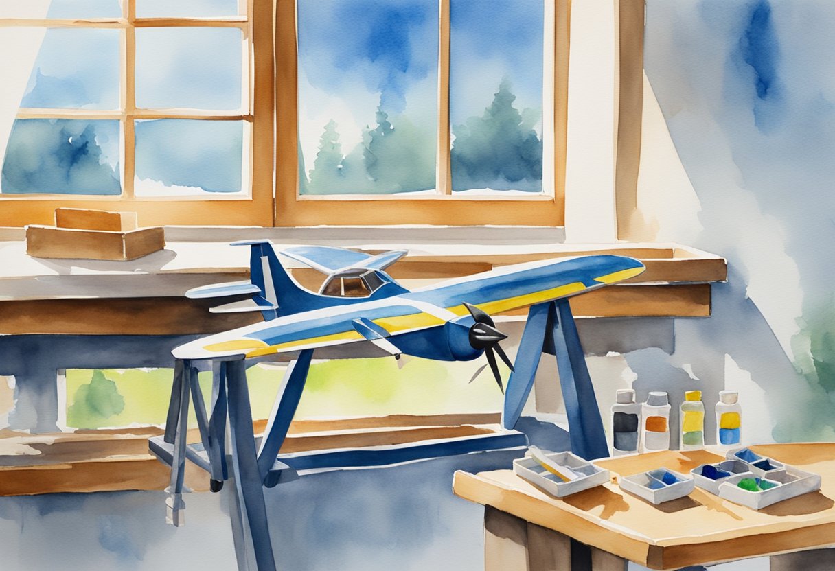 A workbench with model airplane kit, glue, paint, and tools. A window shows blue sky