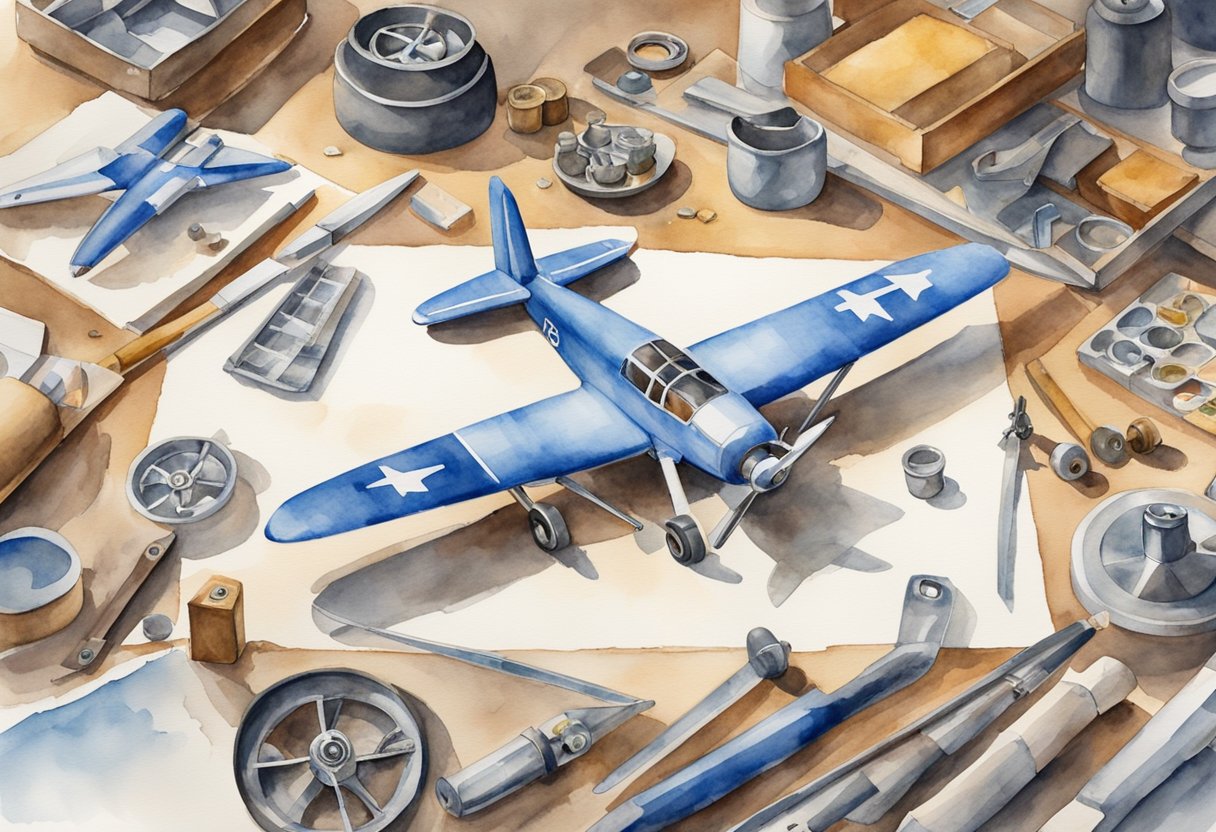 A workbench with various model airplane components spread out, including wings, fuselage, propellers, and landing gear. Tools and instruction manual nearby