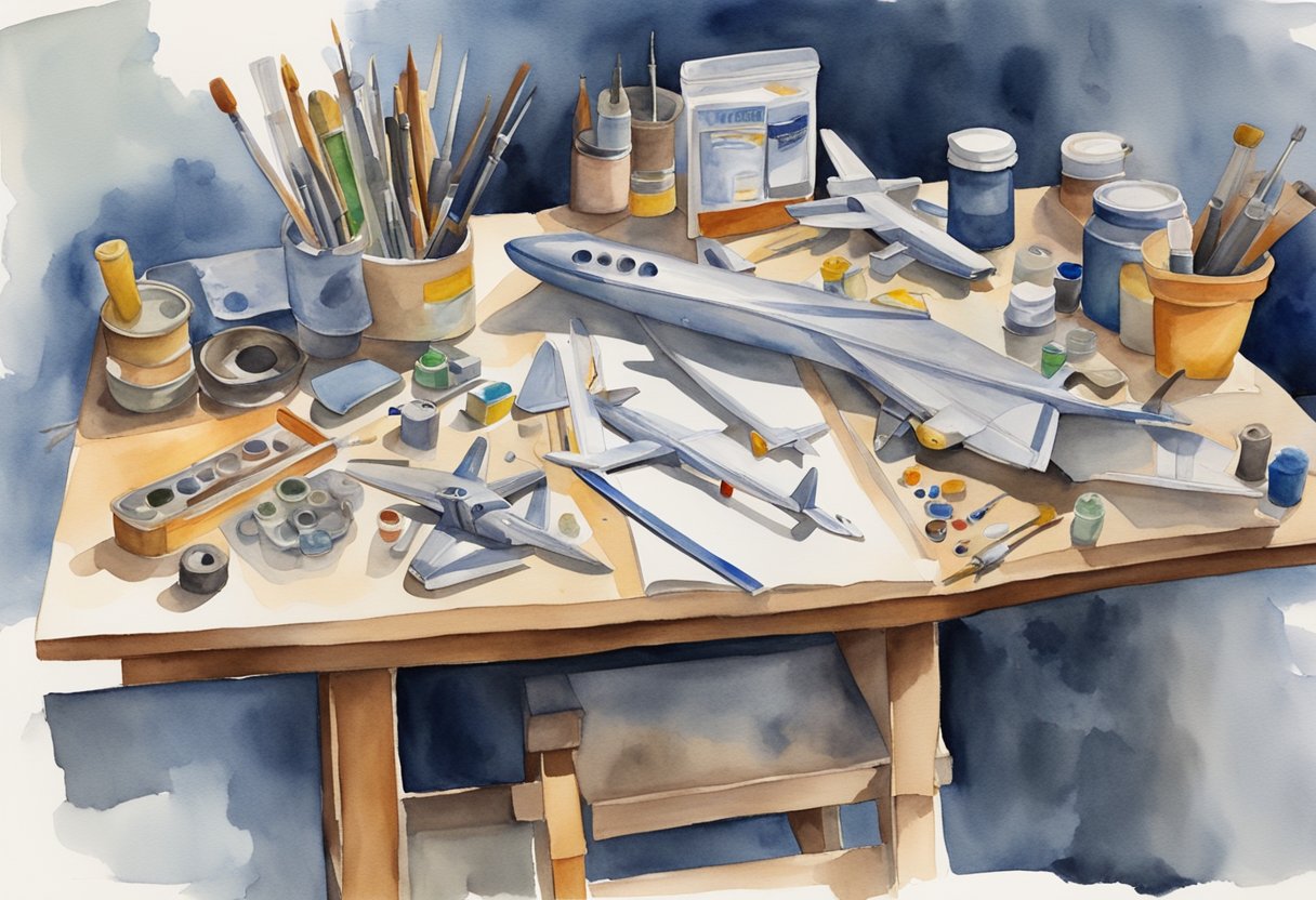 A workbench cluttered with model airplane parts, tools, and paint. A beginner's guide book lies open next to a partially assembled model