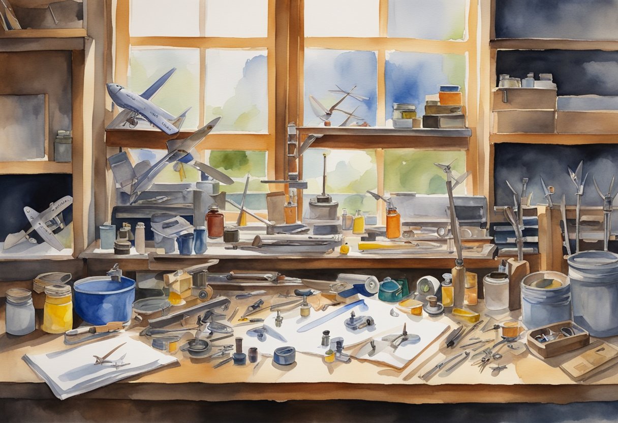 A workbench cluttered with model airplane parts, tools, and instruction manuals, with a bright overhead light illuminating the scene