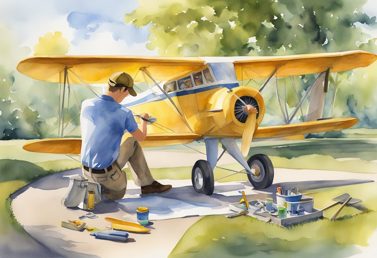 A sunny day at the park, a beginner pilot carefully assembling a model airplane, surrounded by a variety of tools and a detailed instruction manual