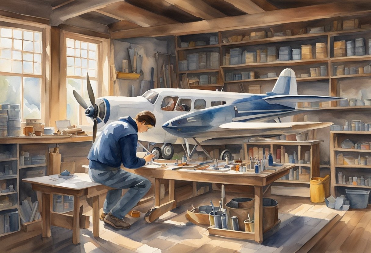 A model airplane enthusiast carefully assembles and paints a detailed replica aircraft in a well-lit workshop, surrounded by tools, materials, and reference books