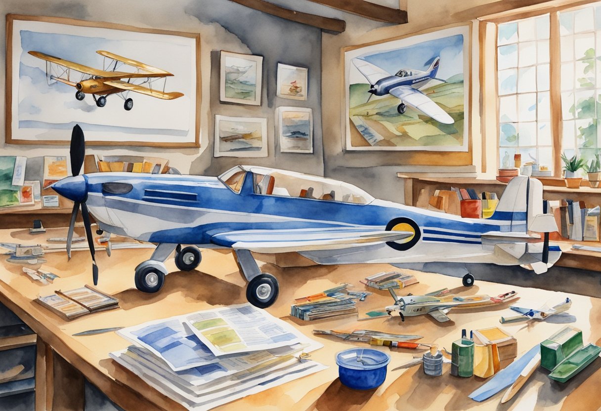 A table with model airplane kits, tools, and instruction books. A group of people chatting and assembling model airplanes. A banner with "Beginner's Guide to Model Airplanes" hangs on the wall