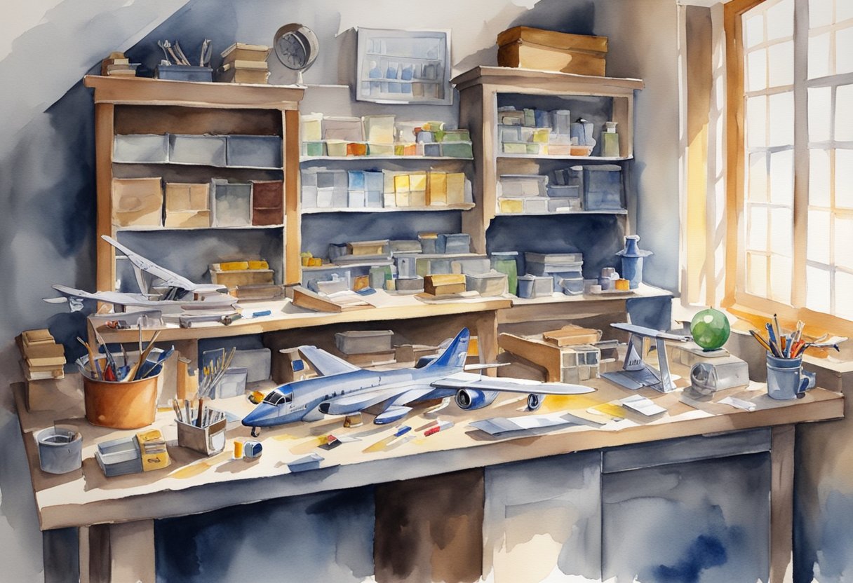 A workbench cluttered with model airplane kits, tools, and reference books, with a bright window casting natural light on the scene