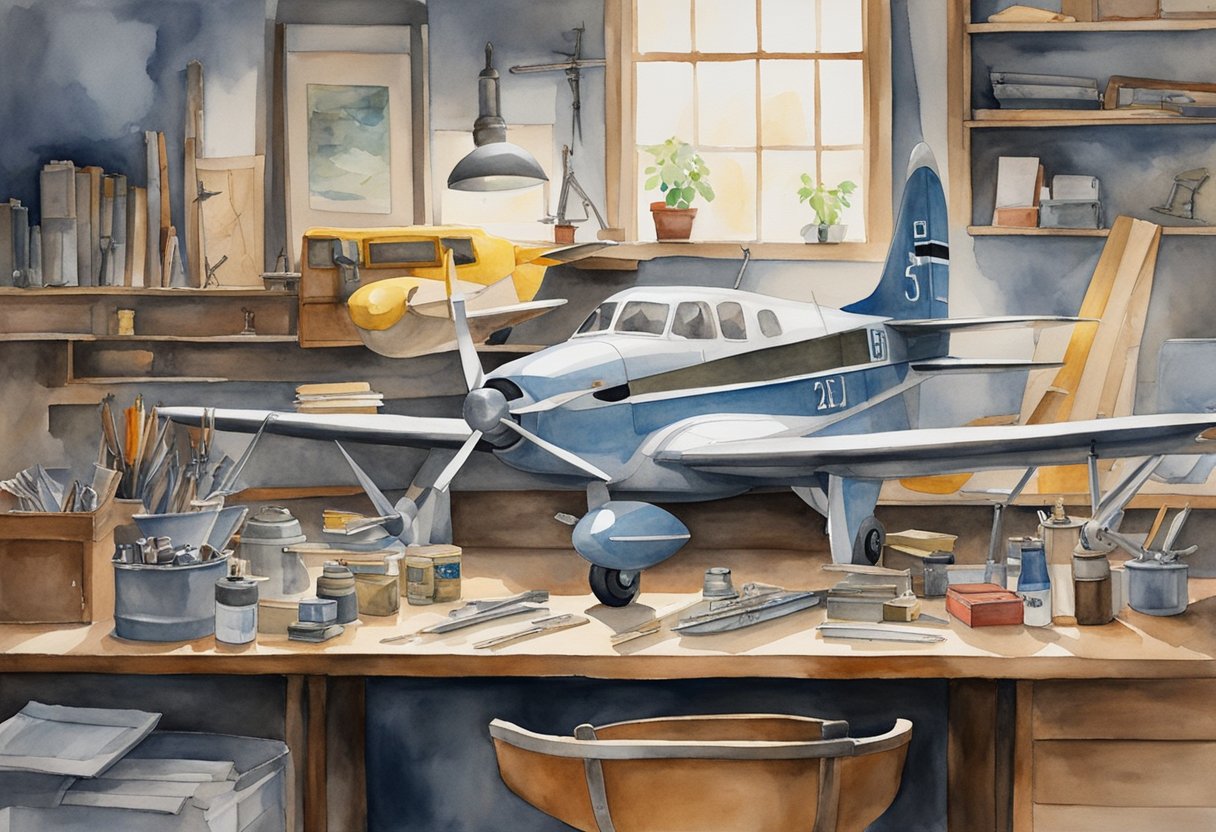 A cluttered workbench with model airplane parts, tools, and reference books. A poster of vintage aircraft hangs on the wall. A small desk lamp provides focused light