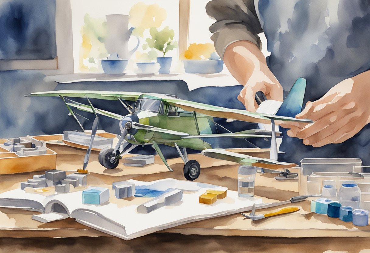 A table with model airplane kits, tools, and a guidebook. A person reading and assembling a model in the background