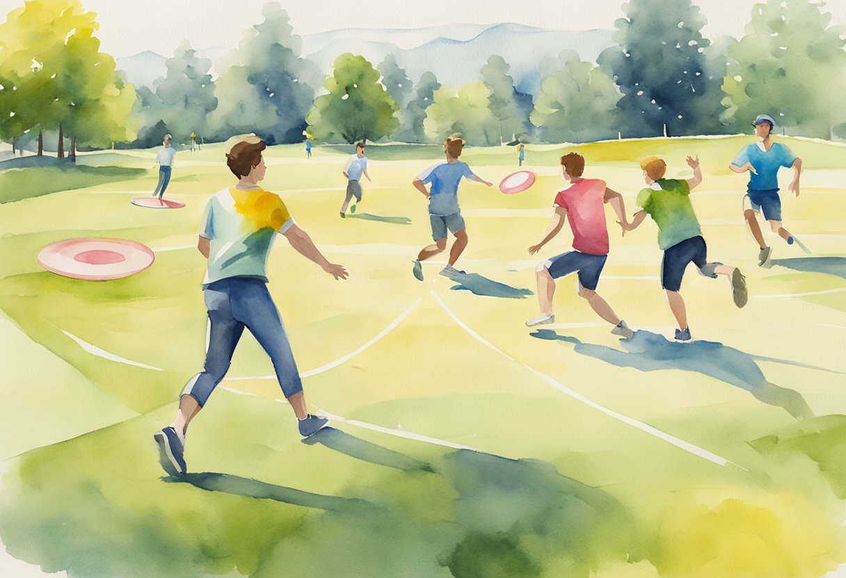 A group of people playing ultimate frisbee in a park on a sunny day, with a field marked by cones and a colorful frisbee flying through the air