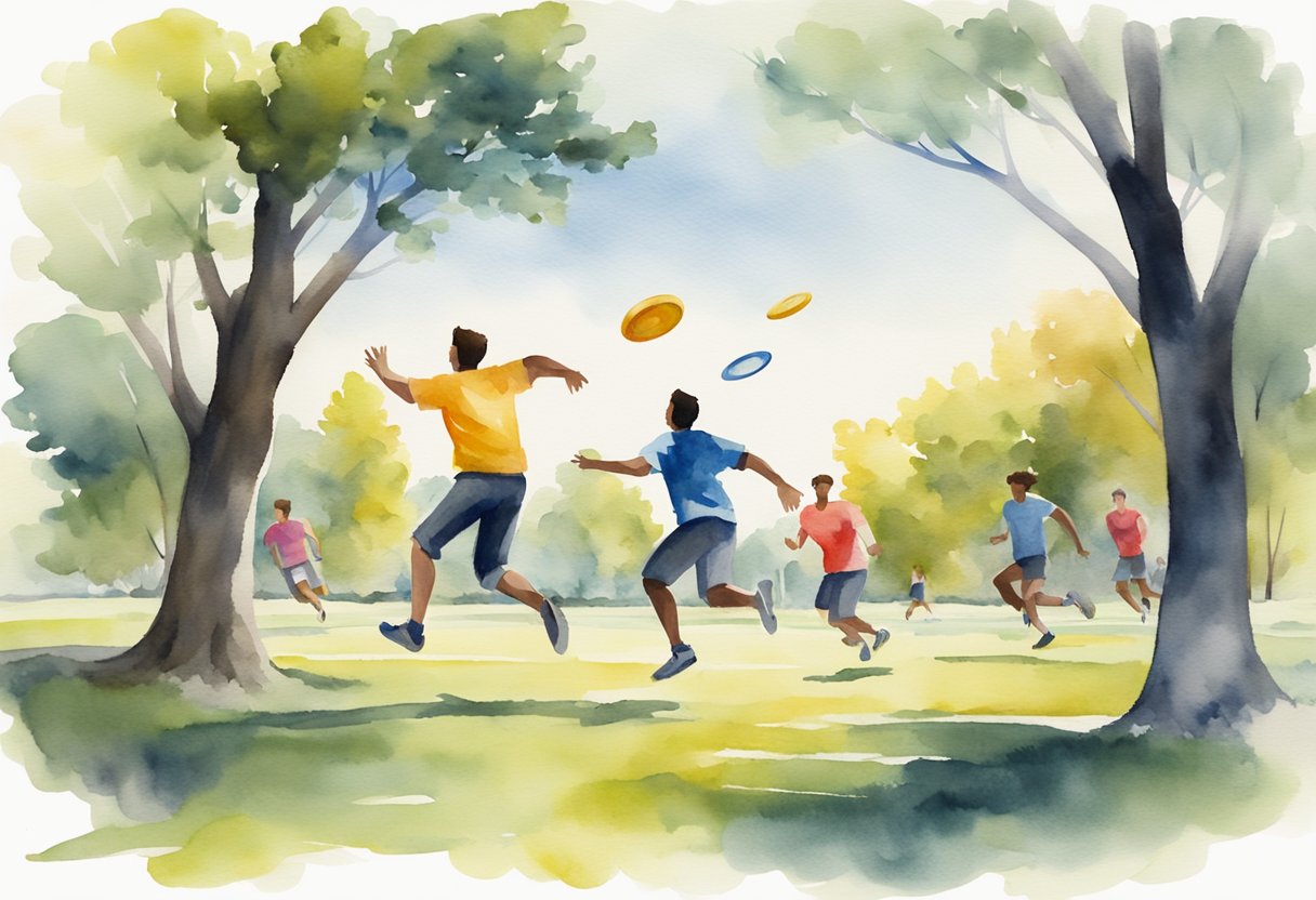 A group of people playing Ultimate Frisbee in a park, with a disc flying through the air and players running and jumping to catch it