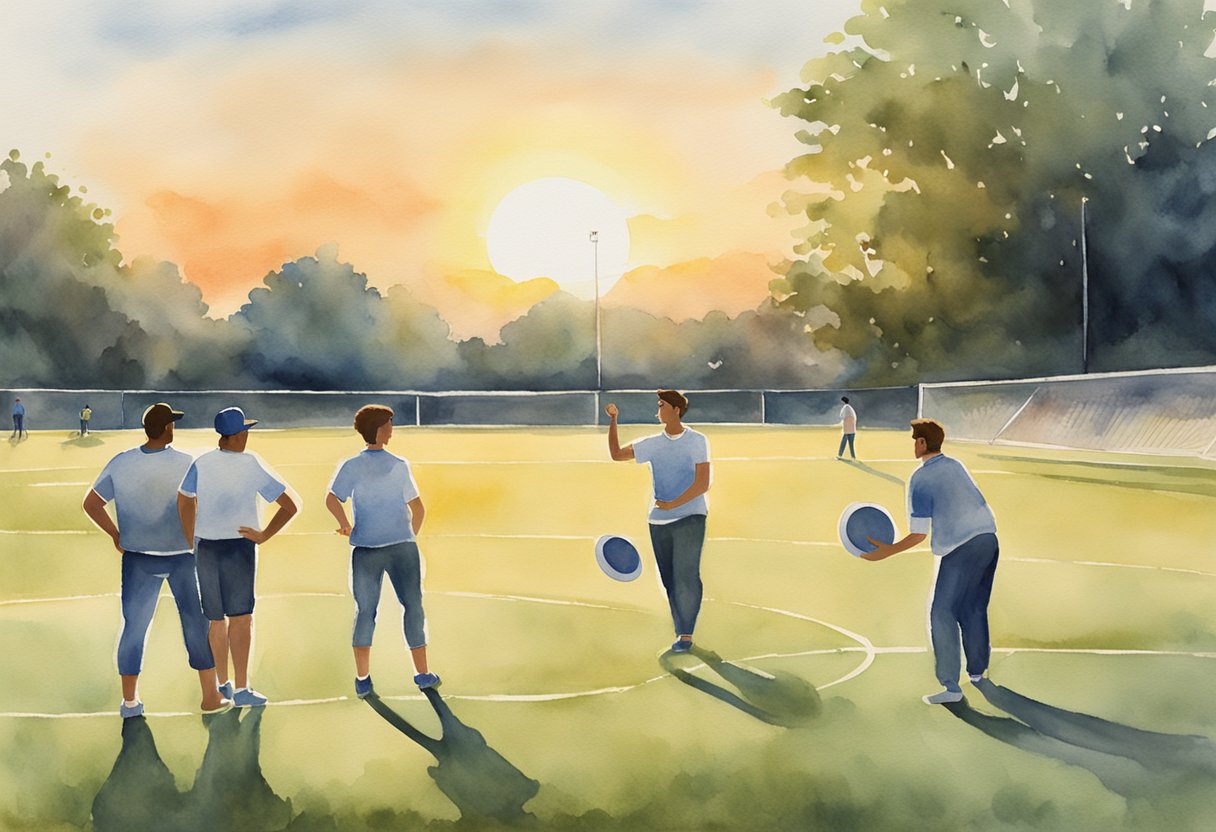 Players strategize on a field, passing a frisbee. One player prepares to throw while others position themselves for the catch. The sun sets in the background