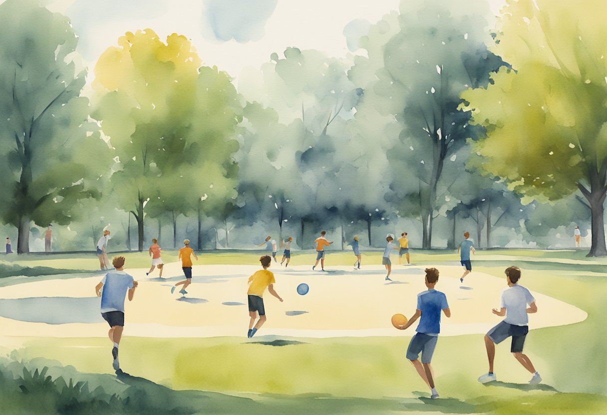 A group of people playing Ultimate Frisbee in a park, following the rules and regulations outlined in a beginner's guide