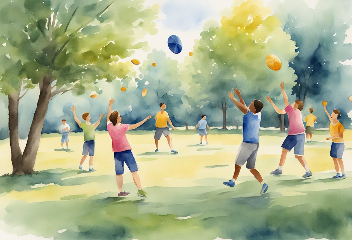 A group of people throwing and catching frisbees in a park, with cones set up for drills and a coach demonstrating proper technique