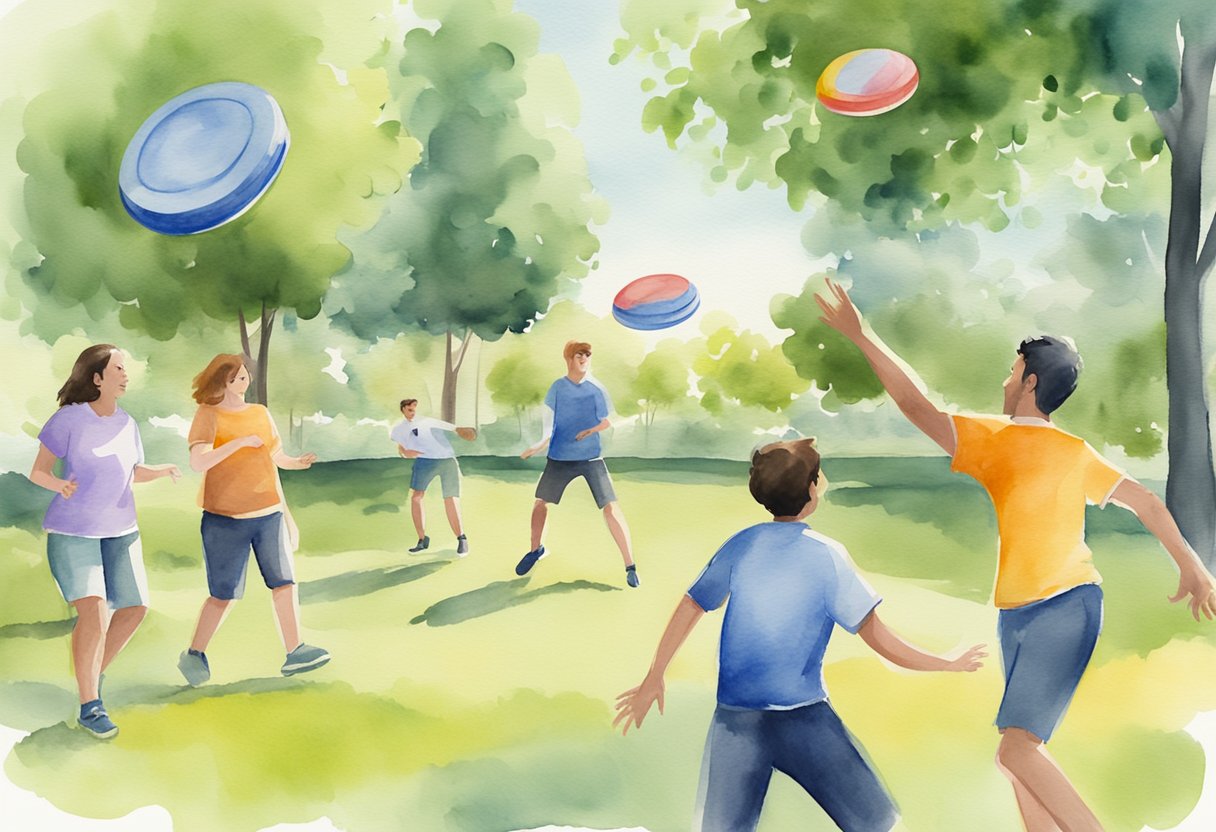 A group of people throwing and catching frisbees in a park, with a sign welcoming newcomers to the Ultimate Frisbee community