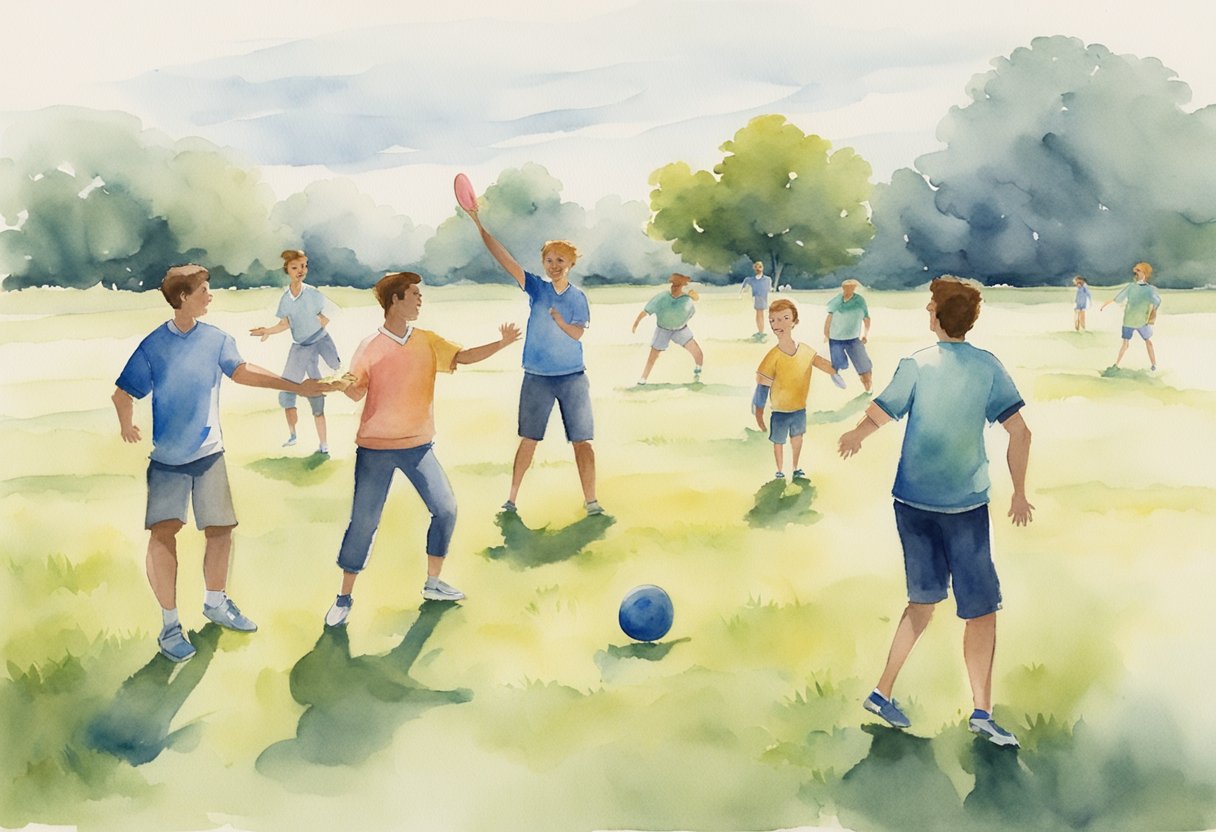 A group of players on a grassy field, tossing a frisbee to each other with smiles on their faces. A coach stands nearby, demonstrating proper throwing and catching techniques