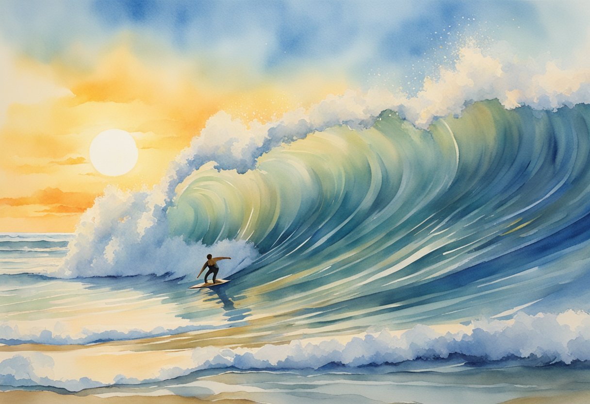 A surfer catching a wave, with a clear blue sky and a golden sunset in the background