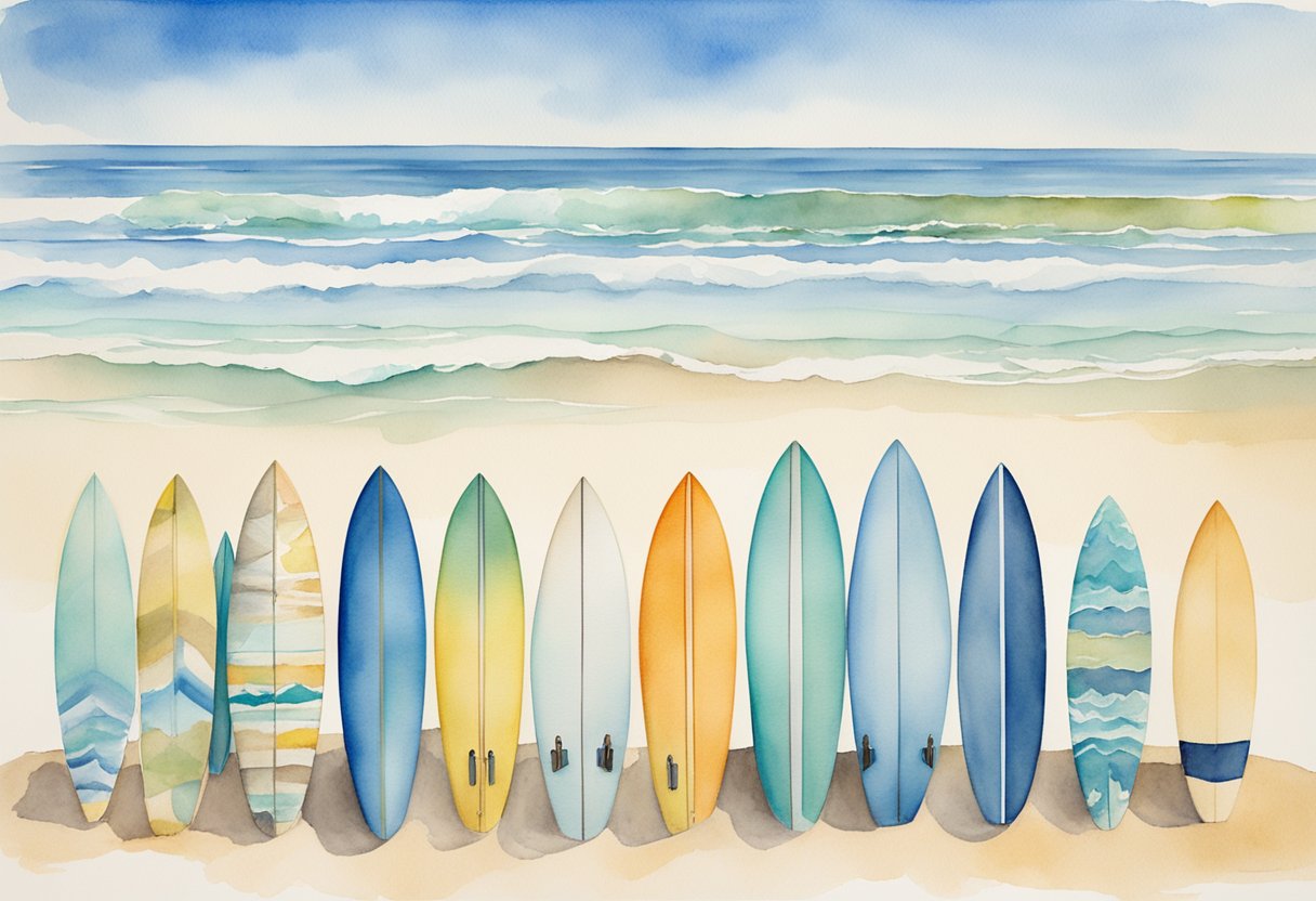 A beach with a calm ocean, a clear blue sky, and a variety of surfboards lined up on the sand