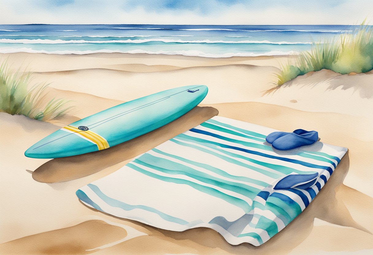 A beach scene with a surfboard, wetsuit, sunscreen, and beach towel laid out on the sand with waves in the background