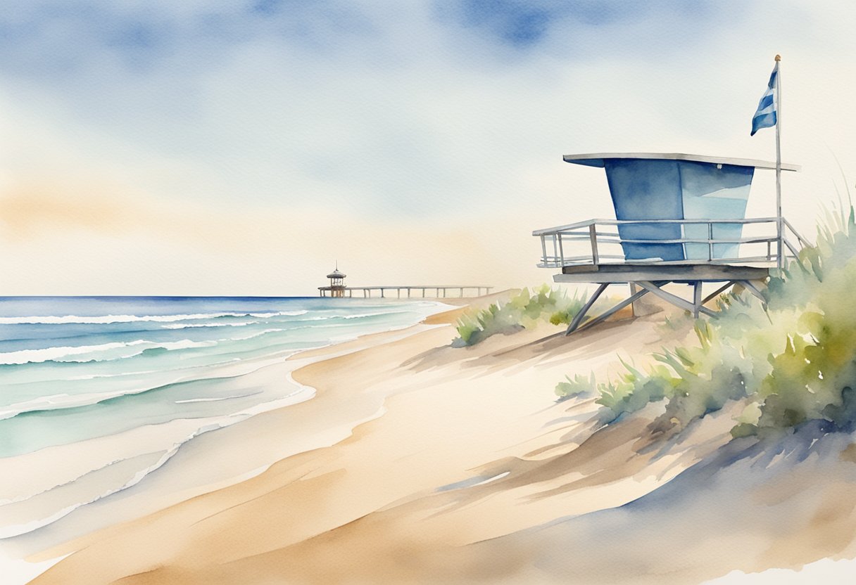 A calm beach with gentle waves, a surfboard laying in the sand, and a lifeguard tower in the distance