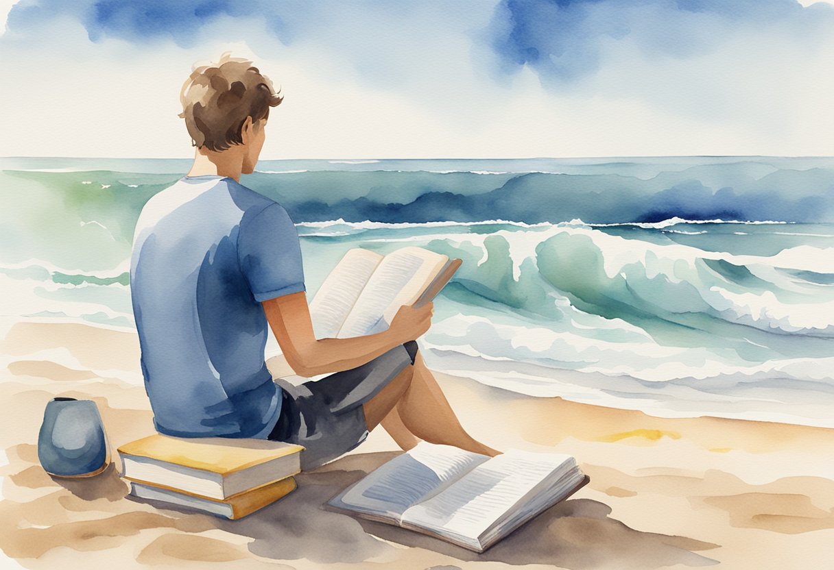 A person sitting on a sandy beach, with a surfboard next to them and a book titled "Waves Beginner's Guide to Surfing" open in front of them. The ocean waves are visible in the background