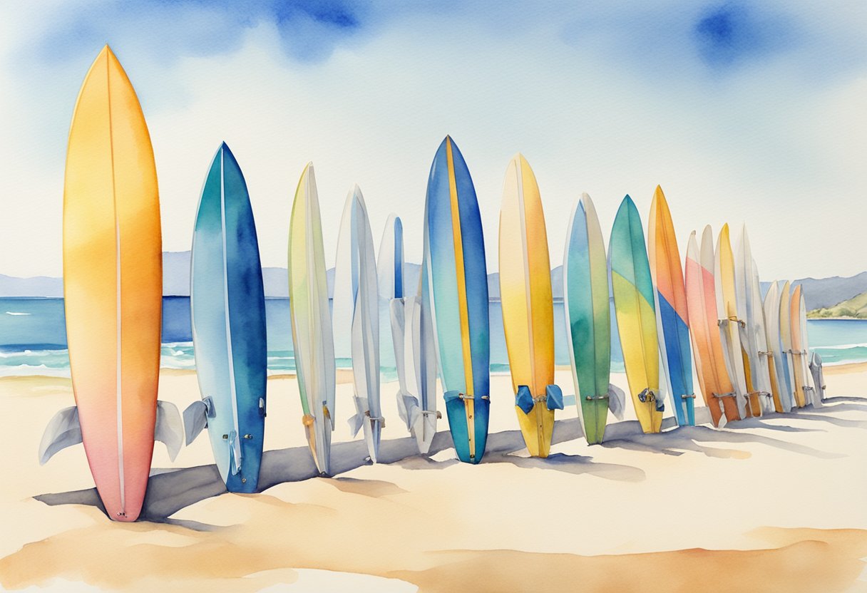 A line of surfboards neatly arranged on the sand, with the ocean in the background and a clear blue sky above