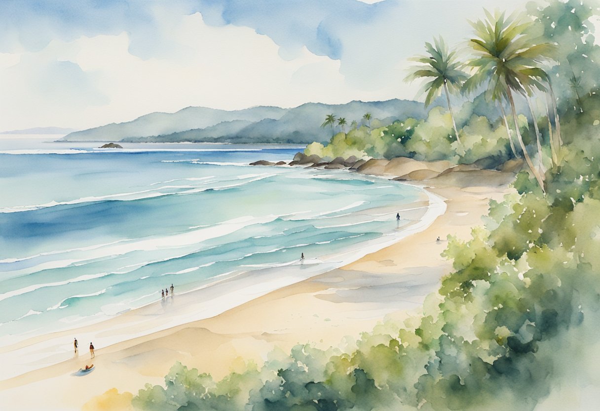 A calm beach with gentle waves breaking on the shore, surrounded by lush greenery and a clear blue sky. A few surfers are seen in the distance, riding the waves