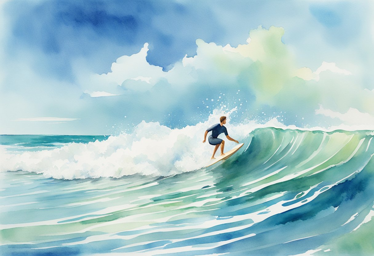 A surfer paddling out to catch a wave, with a clear blue sky and a smooth ocean surface, ready for a day of physical conditioning and surfing