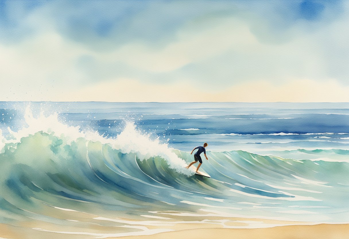 A surfer riding a wave with a clear blue sky and a sandy beach in the background