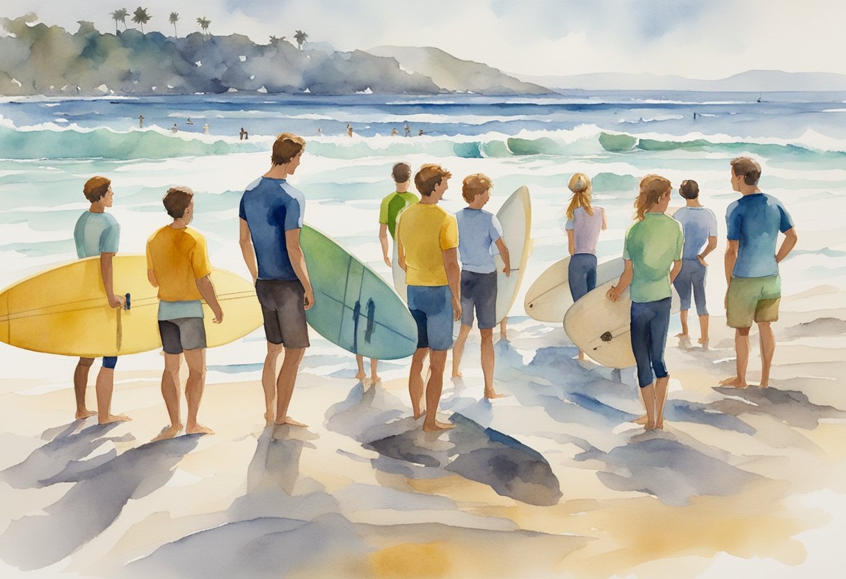 A group of surfers gather on the beach, waxing their boards and chatting excitedly as the waves crash in the background