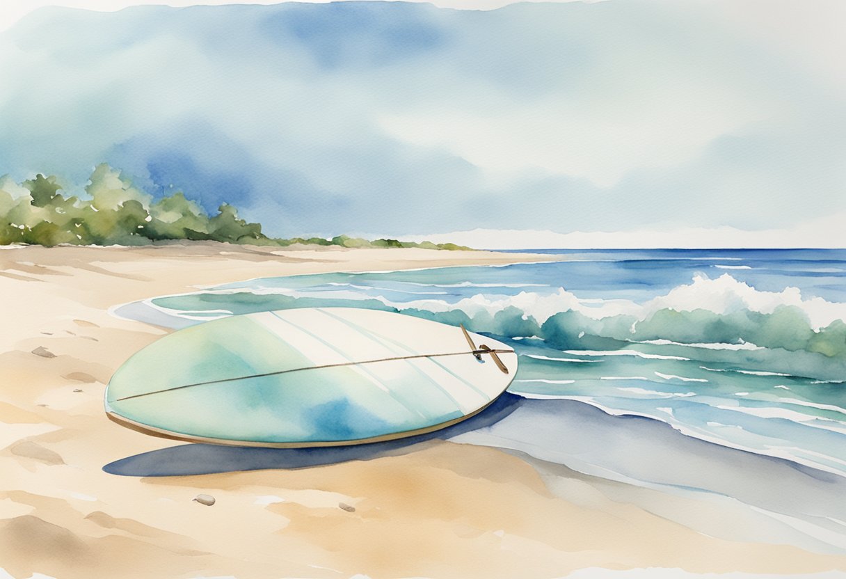 A calm beach with a clear blue sky, gentle waves, and a surfboard lying on the sand