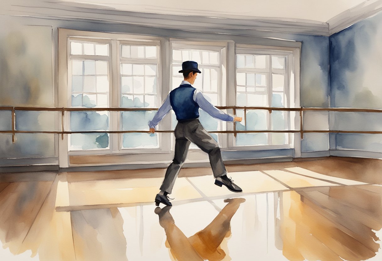 A tap dancer in front of a mirror, wearing tap shoes and practicing basic steps in a dance studio with a wooden floor and large windows