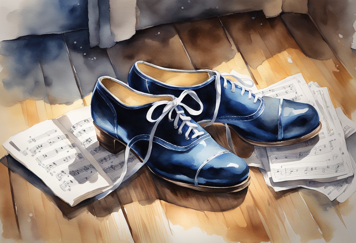 A pair of tap shoes on a wooden floor, surrounded by sheet music and a metronome. A spotlight highlights the shoes, creating a sense of anticipation