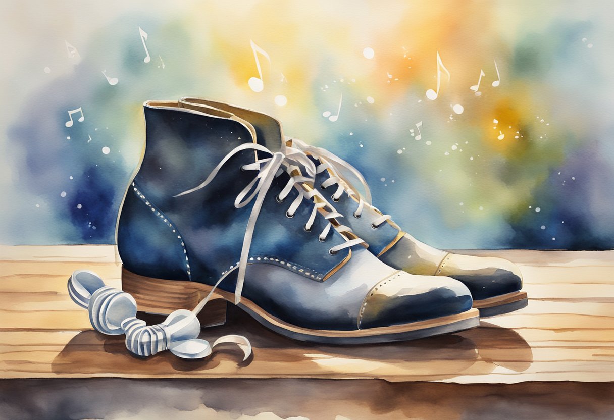 A pair of tap shoes on a wooden dance floor, with musical notes floating in the air and a spotlight shining down