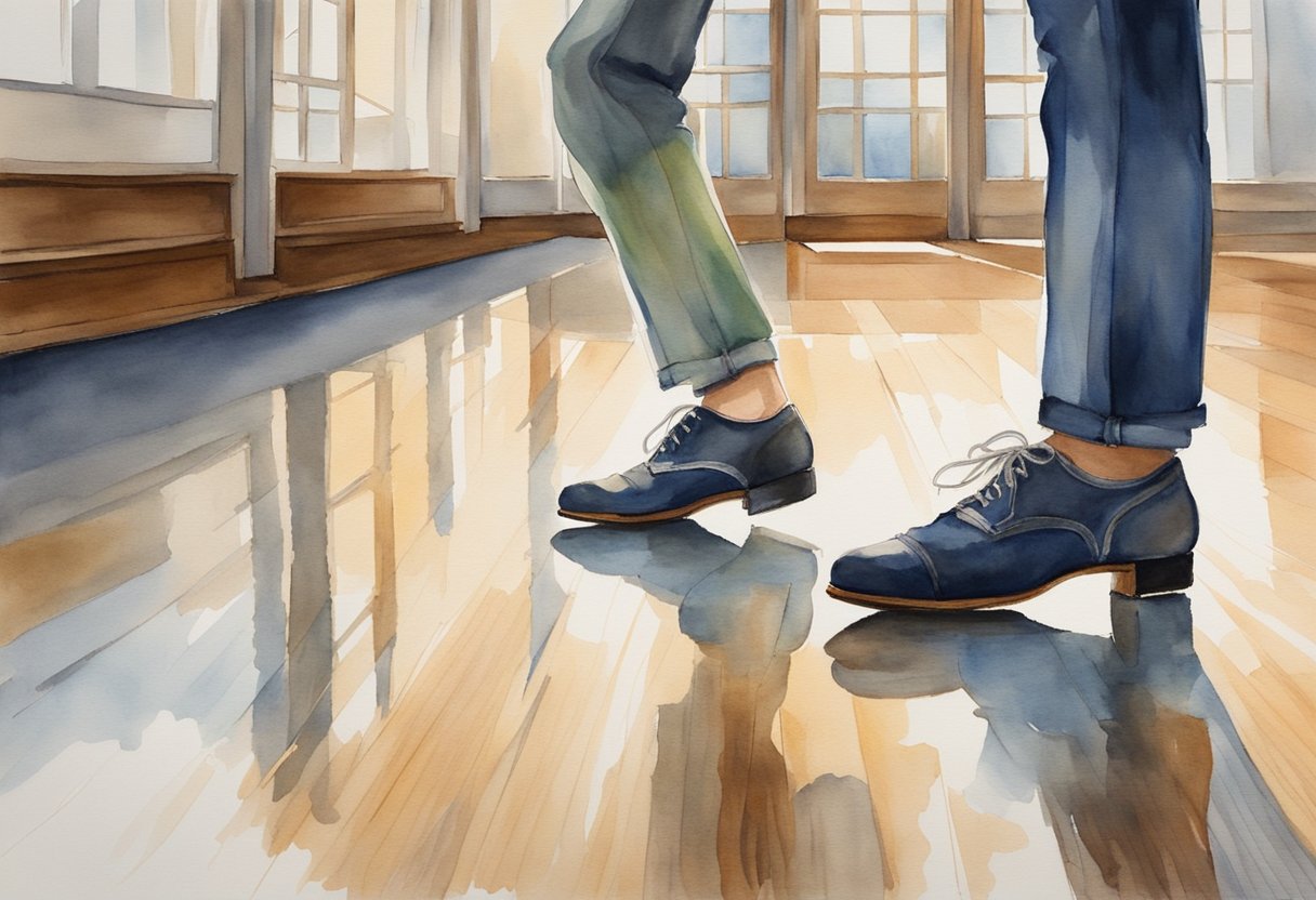 A tap dancer in beginner's shoes practices basic steps on a wooden floor, with a mirror reflecting their movements