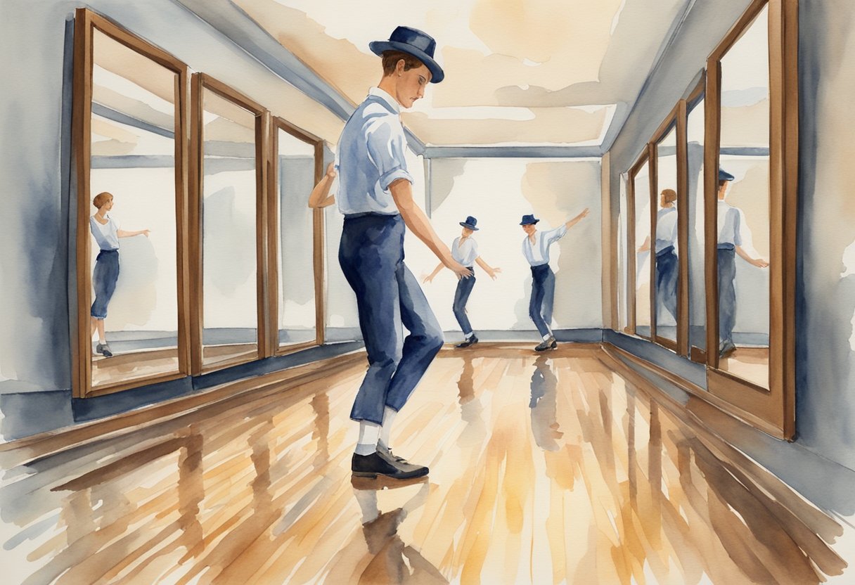 A tap dancer practicing basic steps in a studio with mirrors and wooden floors