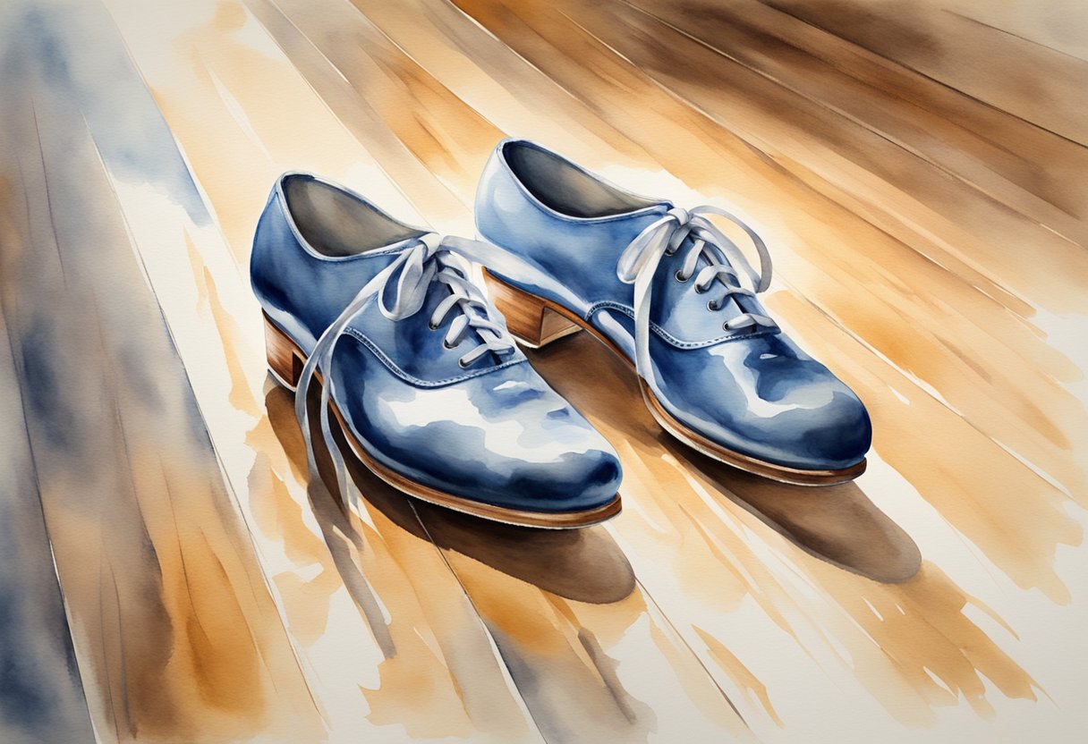 A pair of tap shoes on a polished wooden floor, with rhythmic footwork and precise timing being demonstrated through the movement of the shoes