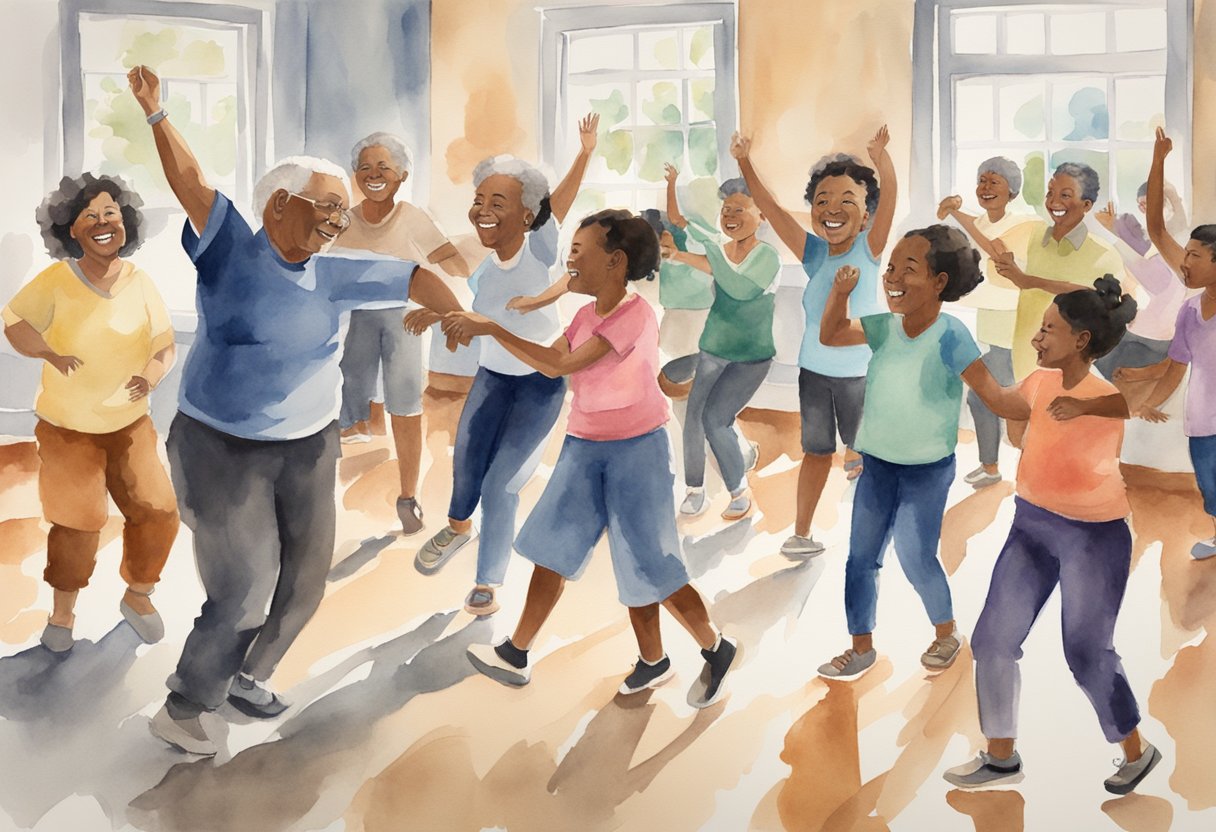 A group of people of various ages and backgrounds gather in a community center, tapping their feet to the rhythm of the music. Laughter and encouragement fill the air as they practice together