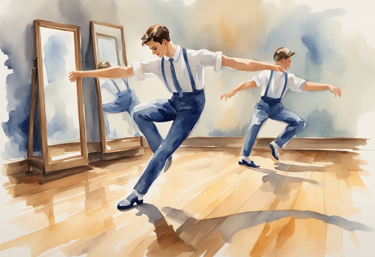 A tap dancer practicing basic steps in a well-lit studio with mirrors and a wooden floor