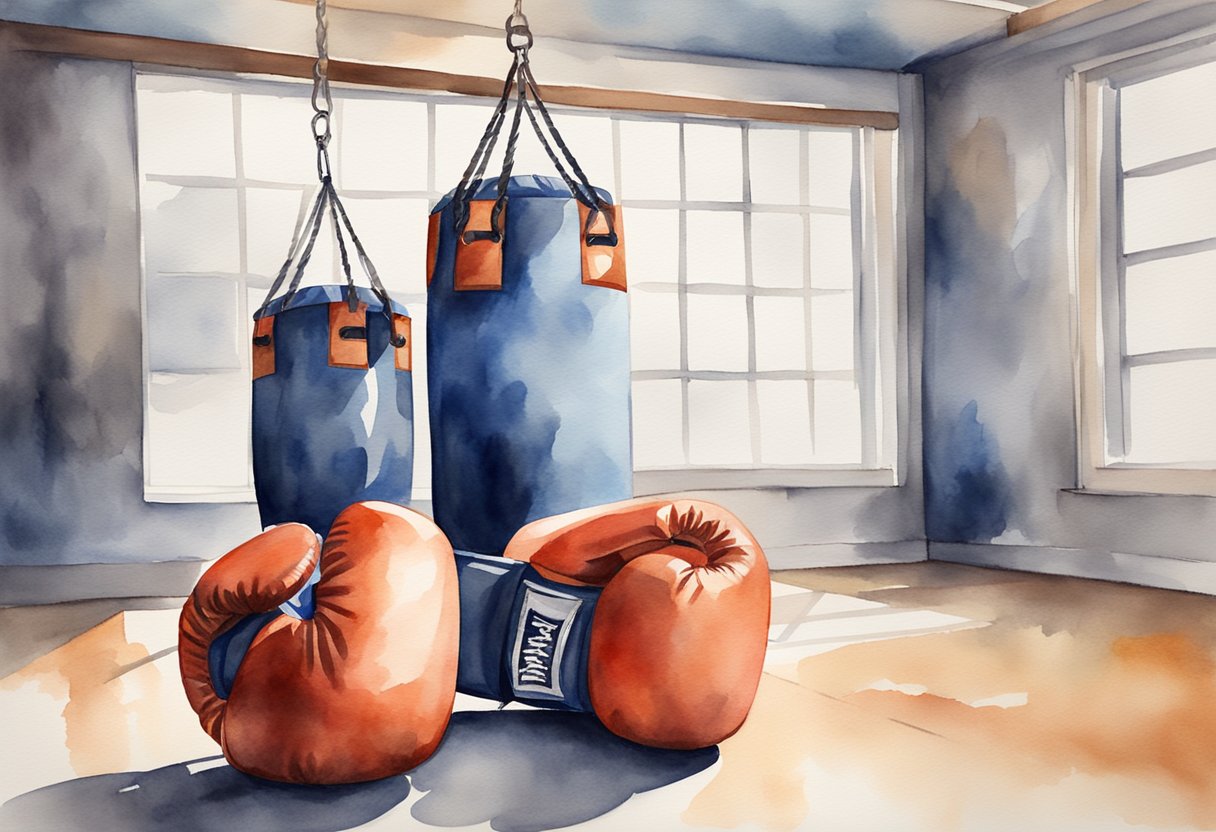 A pair of boxing gloves and a punching bag set up in a well-lit gym