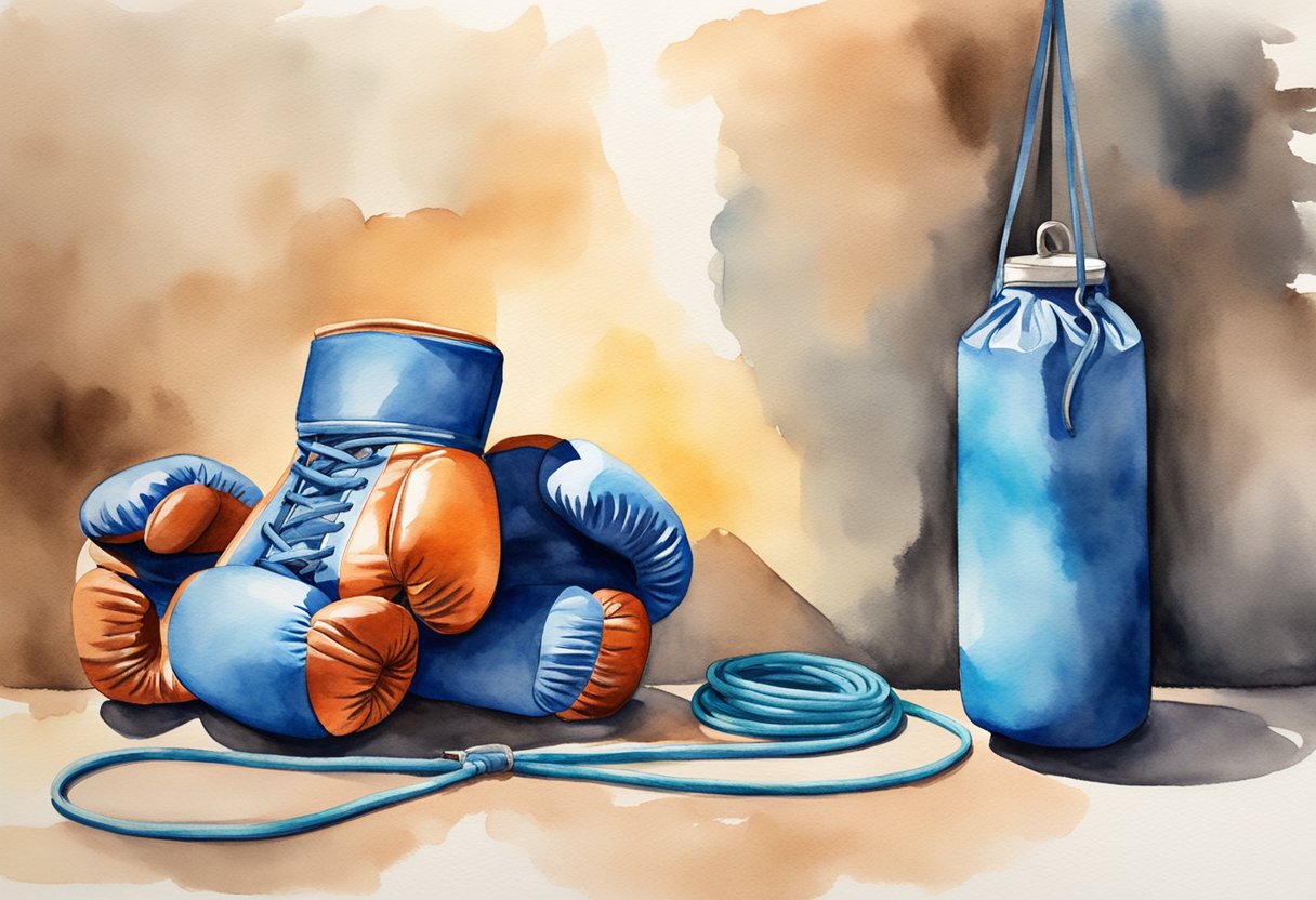 A pair of boxing gloves hanging on a hook next to a punching bag, surrounded by a jump rope, hand wraps, and a water bottle