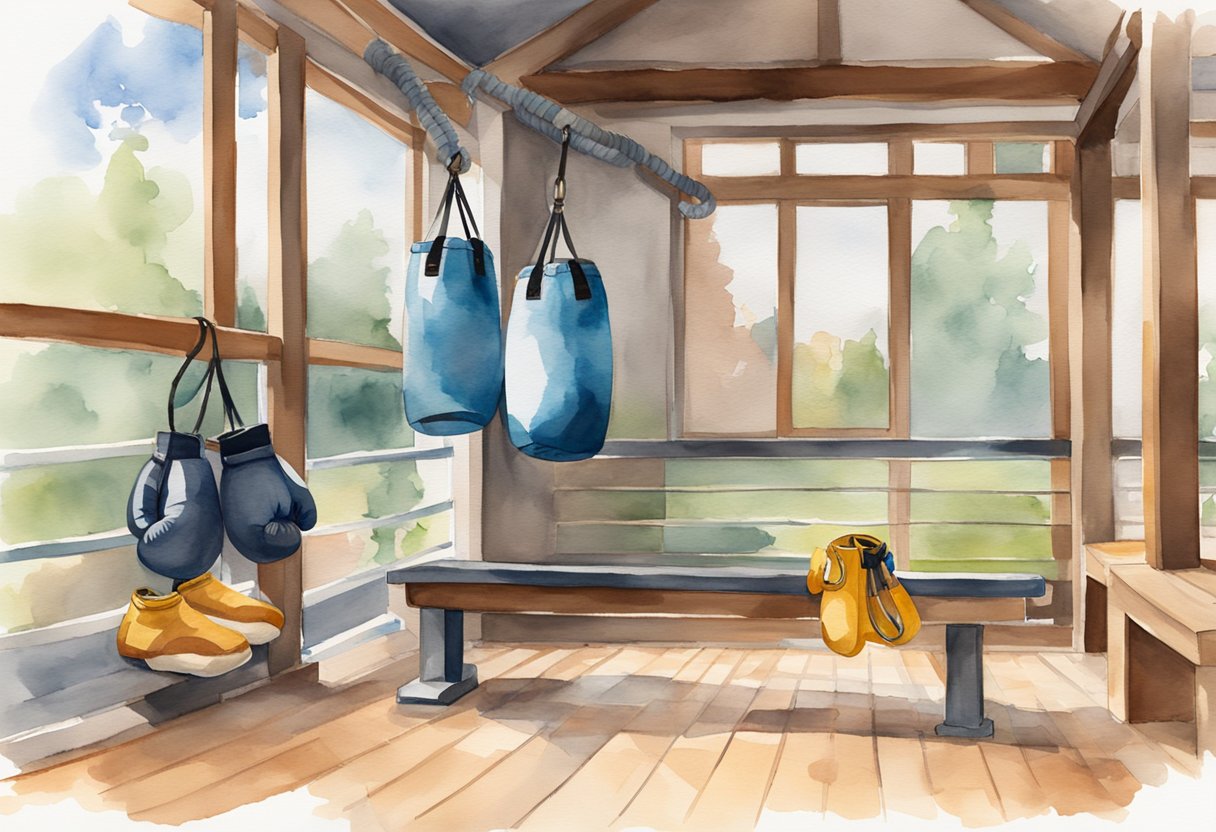 A pair of boxing gloves hanging on a hook next to a punching bag, with a jump rope and hand wraps laying on a nearby bench