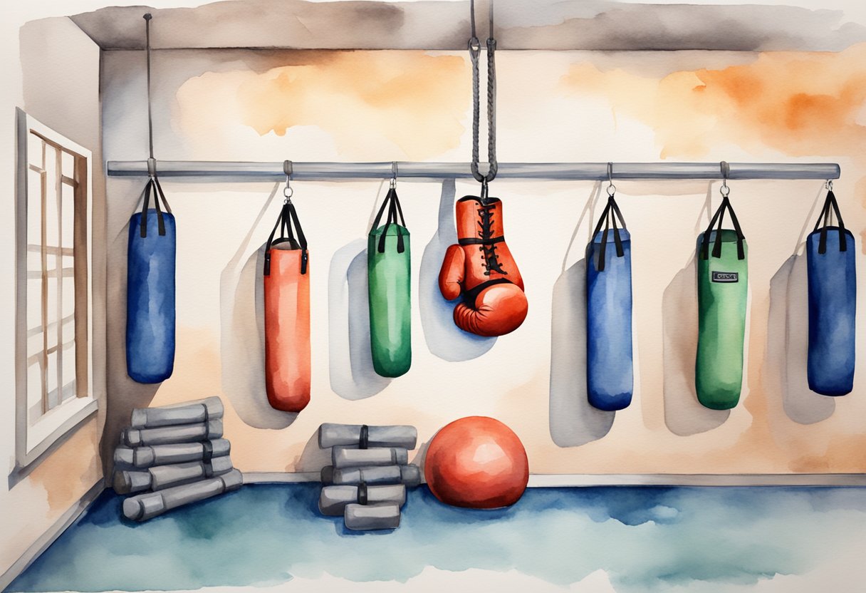 A boxing glove hanging on a hook, surrounded by punching bags, weights, and a jump rope in a gym setting