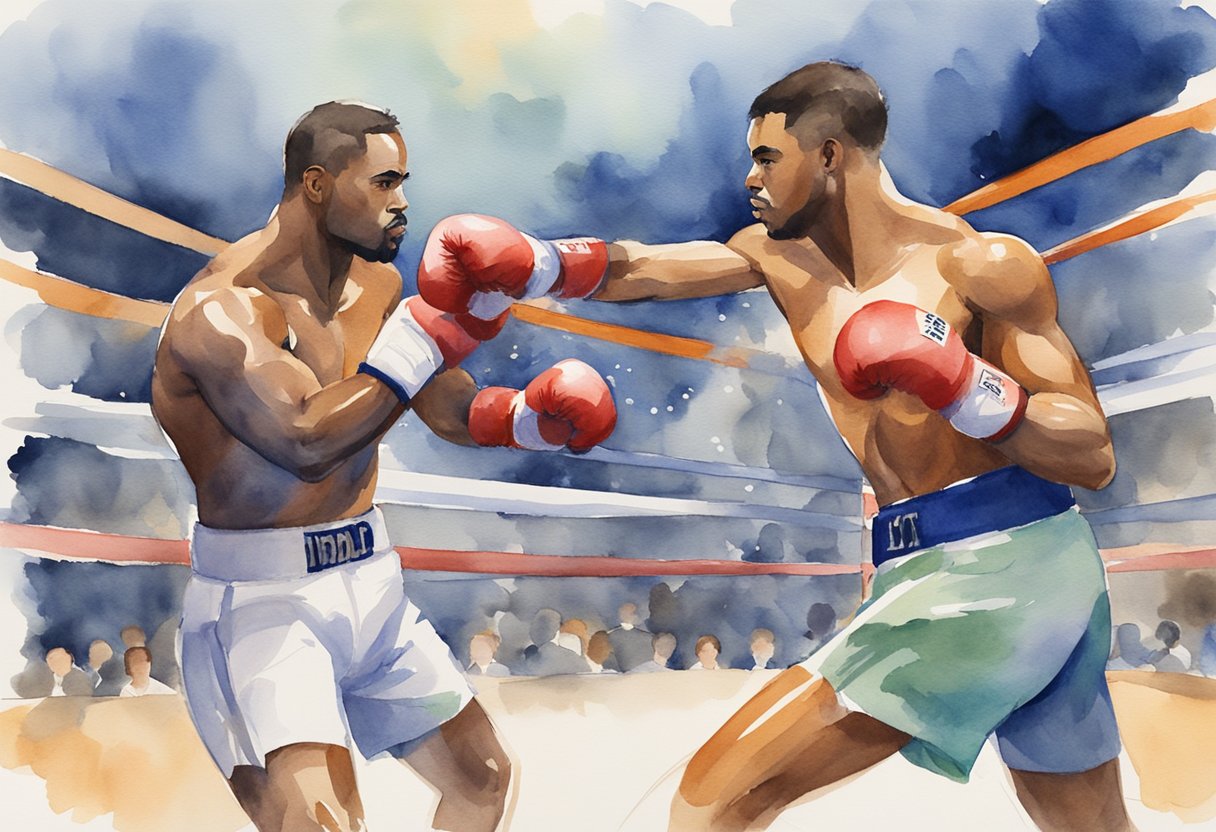 Two boxers in a ring, circling each other. One throws a jab, the other dodges and counterpunches. The crowd watches from the sidelines