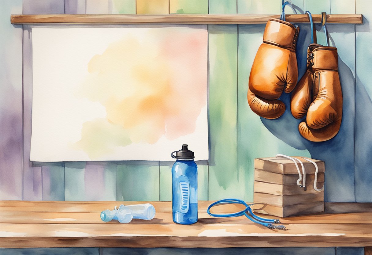 A boxing glove hanging on a hook, next to a jump rope and a water bottle, on a wooden bench with a motivational poster above