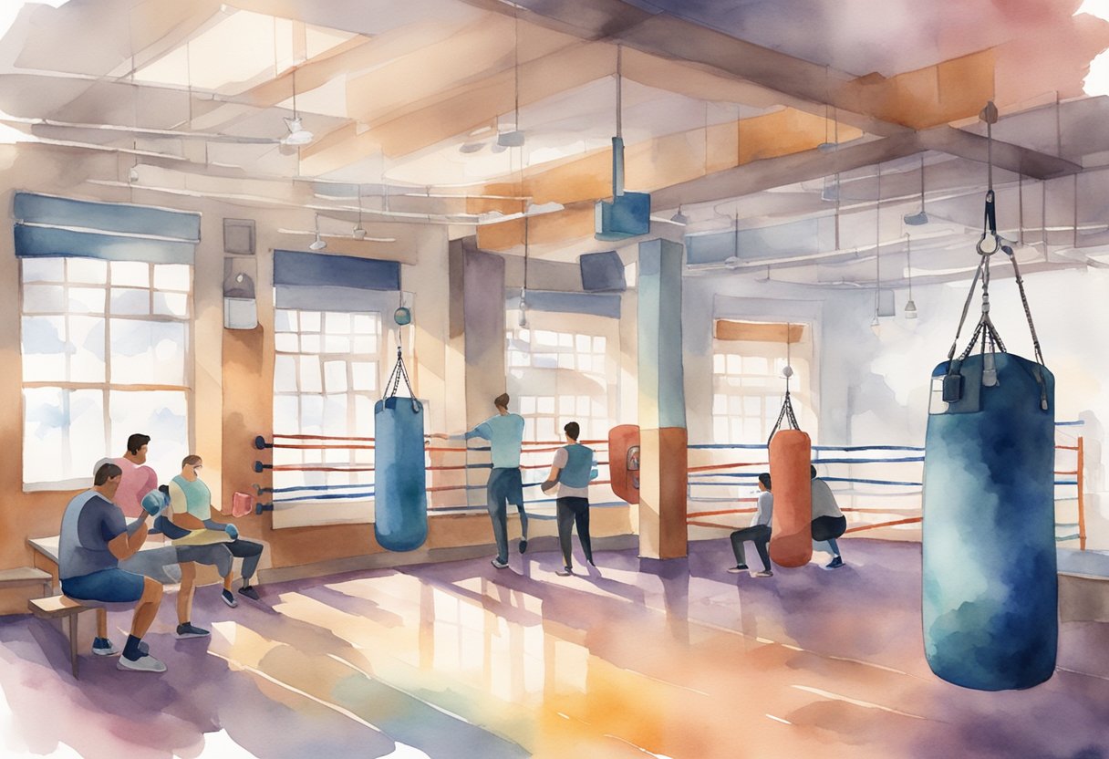 A boxing gym with various equipment and posters on the wall, a water cooler, and people chatting and training