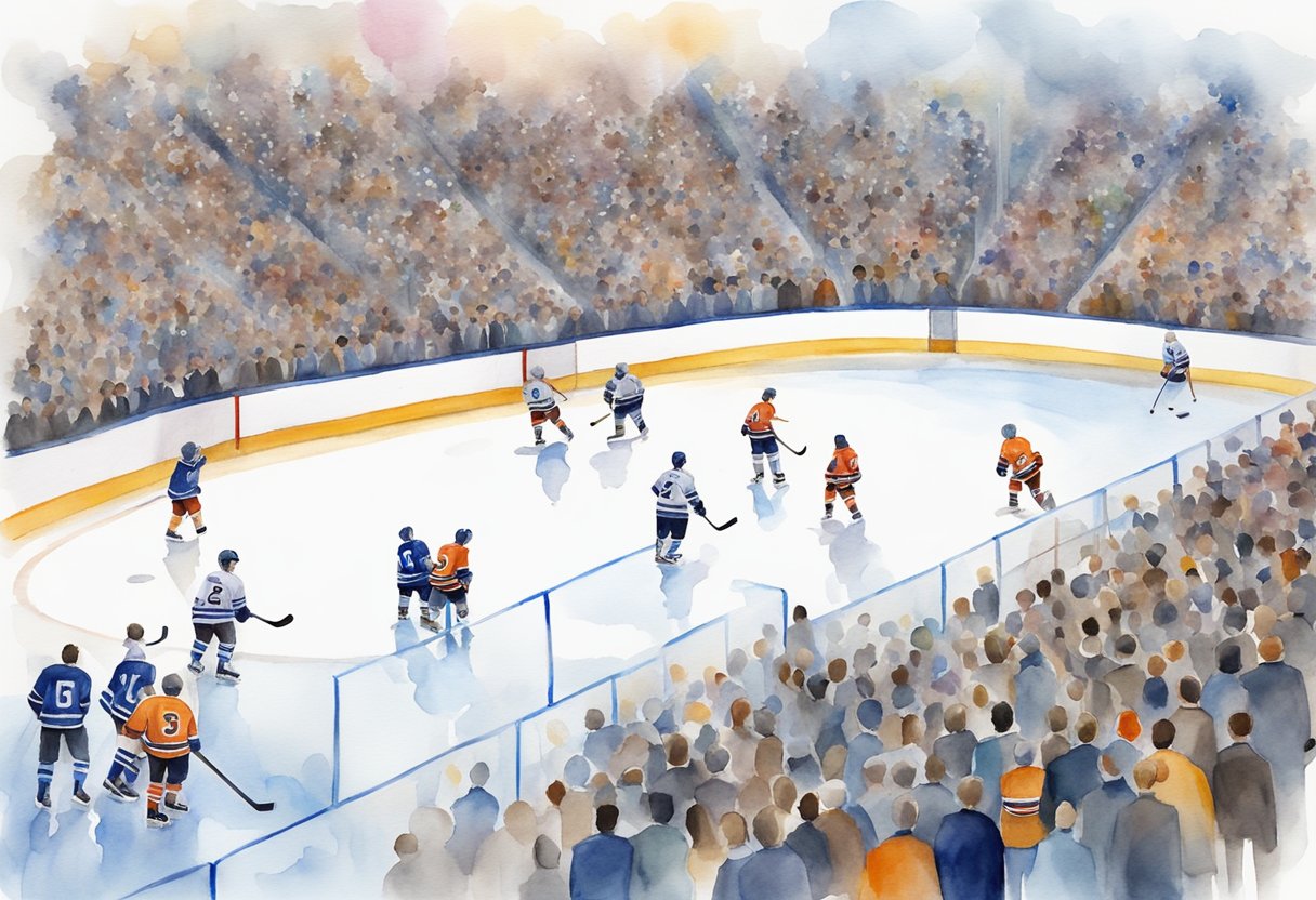 A hockey stick, puck, and net on a clean, white ice rink, surrounded by a crowd of cheering fans