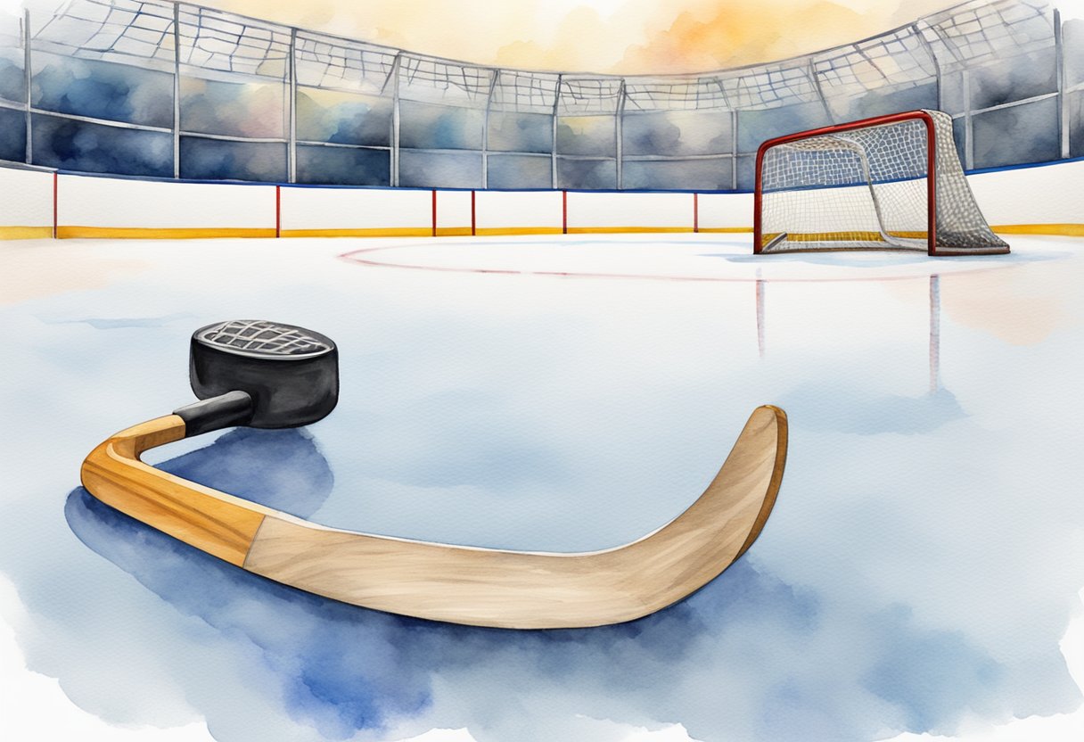 A hockey stick and puck on an ice rink, with goal nets in the background