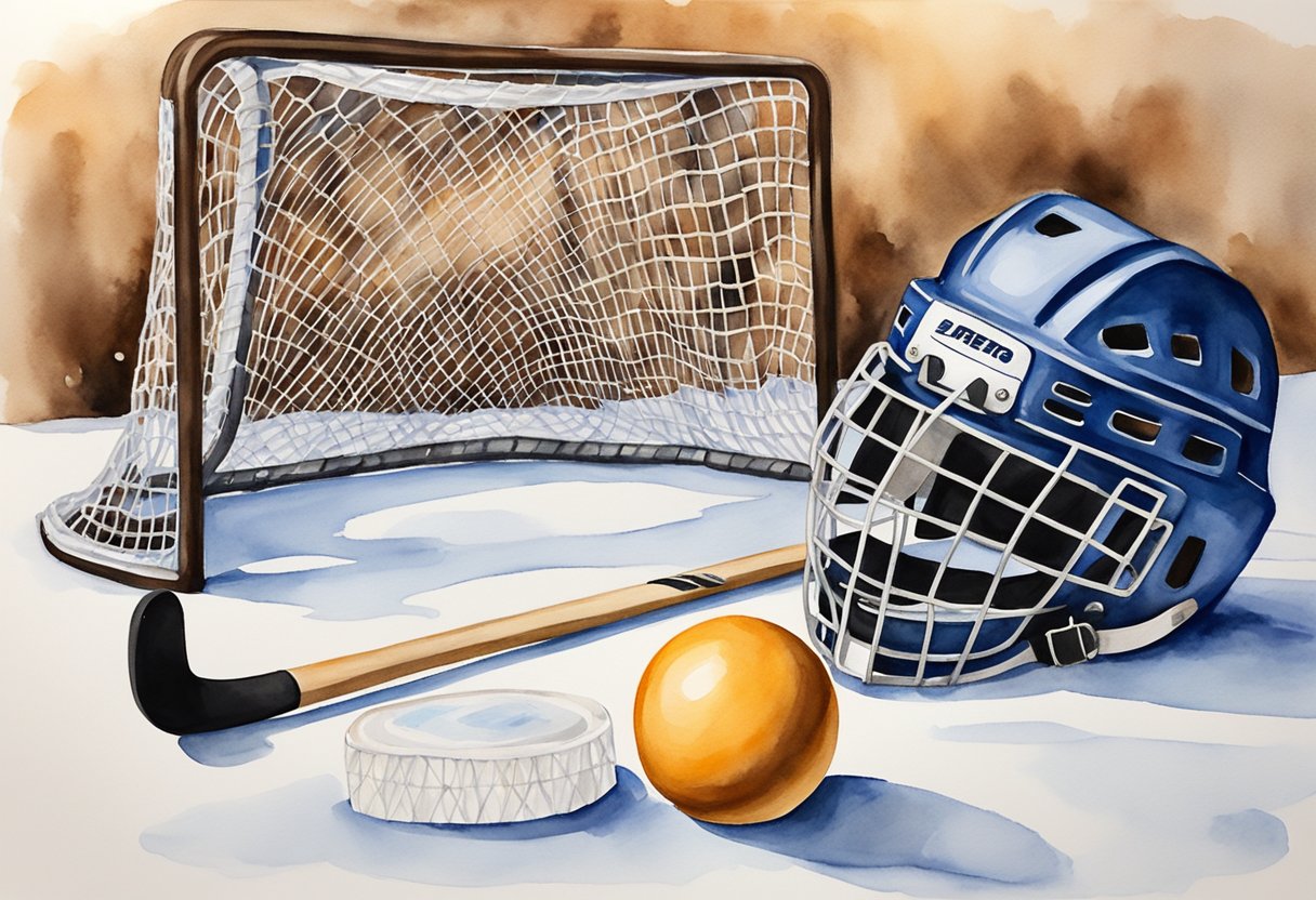 A hockey stick, puck, and helmet lay on the ice beside a net, ready for a beginner to take their first shot