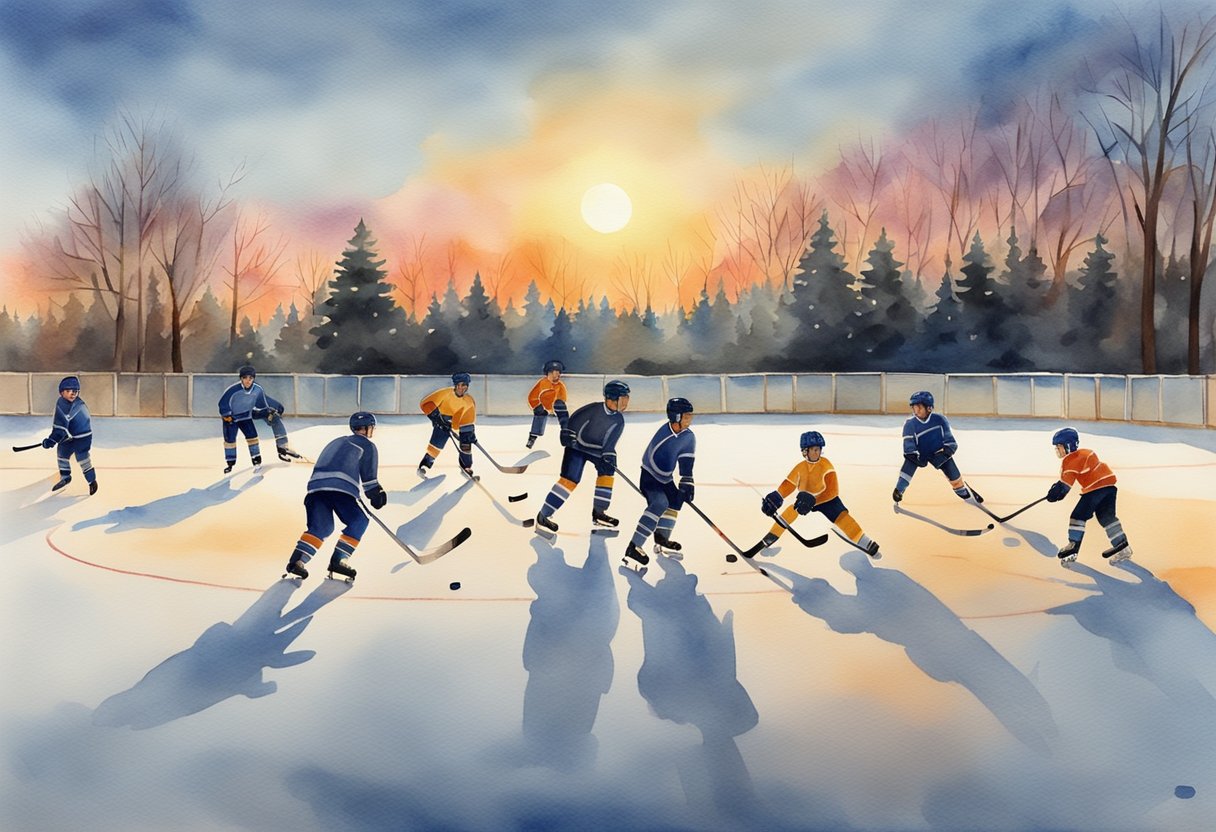 A group of beginners practice hockey skills on an outdoor rink, surrounded by coaches and equipment. The sun sets in the background, casting a warm glow over the scene