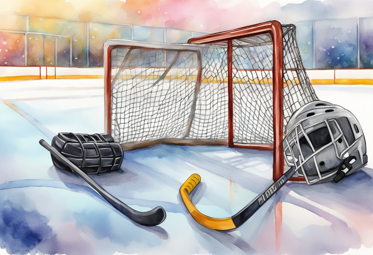 A hockey stick, puck, and helmet lie on the ice rink next to a goal net, with a referee blowing a whistle in the background