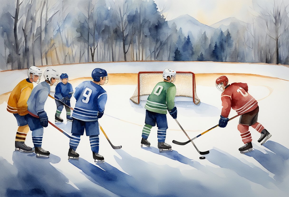 A group of hockey players gather around a coach, learning basic skills on a rink. The coach demonstrates proper stick handling and passing techniques