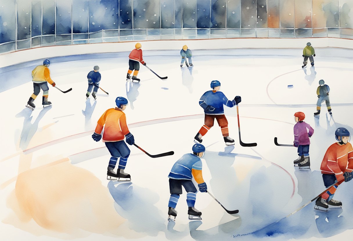 A hockey stick, skates, and a puck laid out on the ice rink with a coach demonstrating proper techniques to a group of beginners